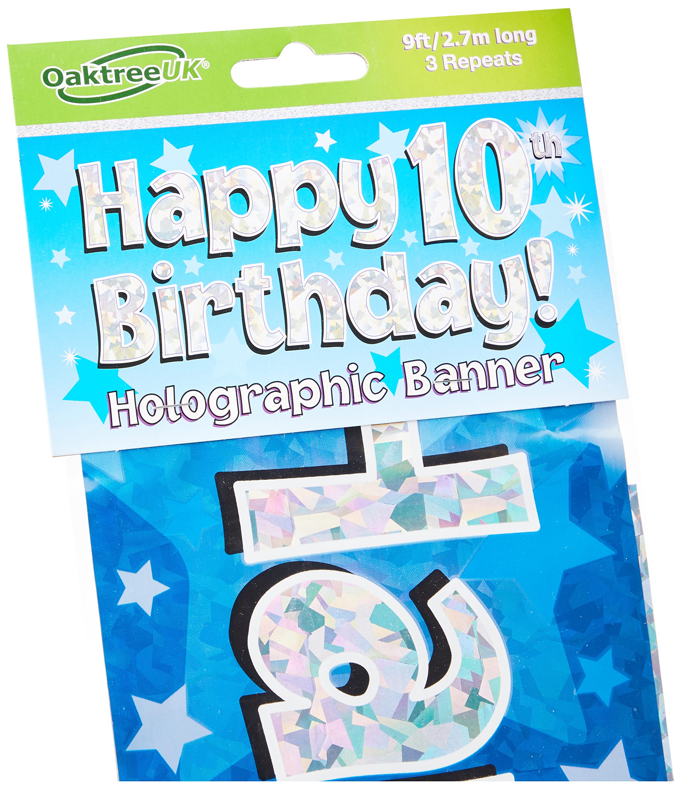 OakTree Happy 10th Birthday Foil Holographic Banner - Blue, 9 ft Length