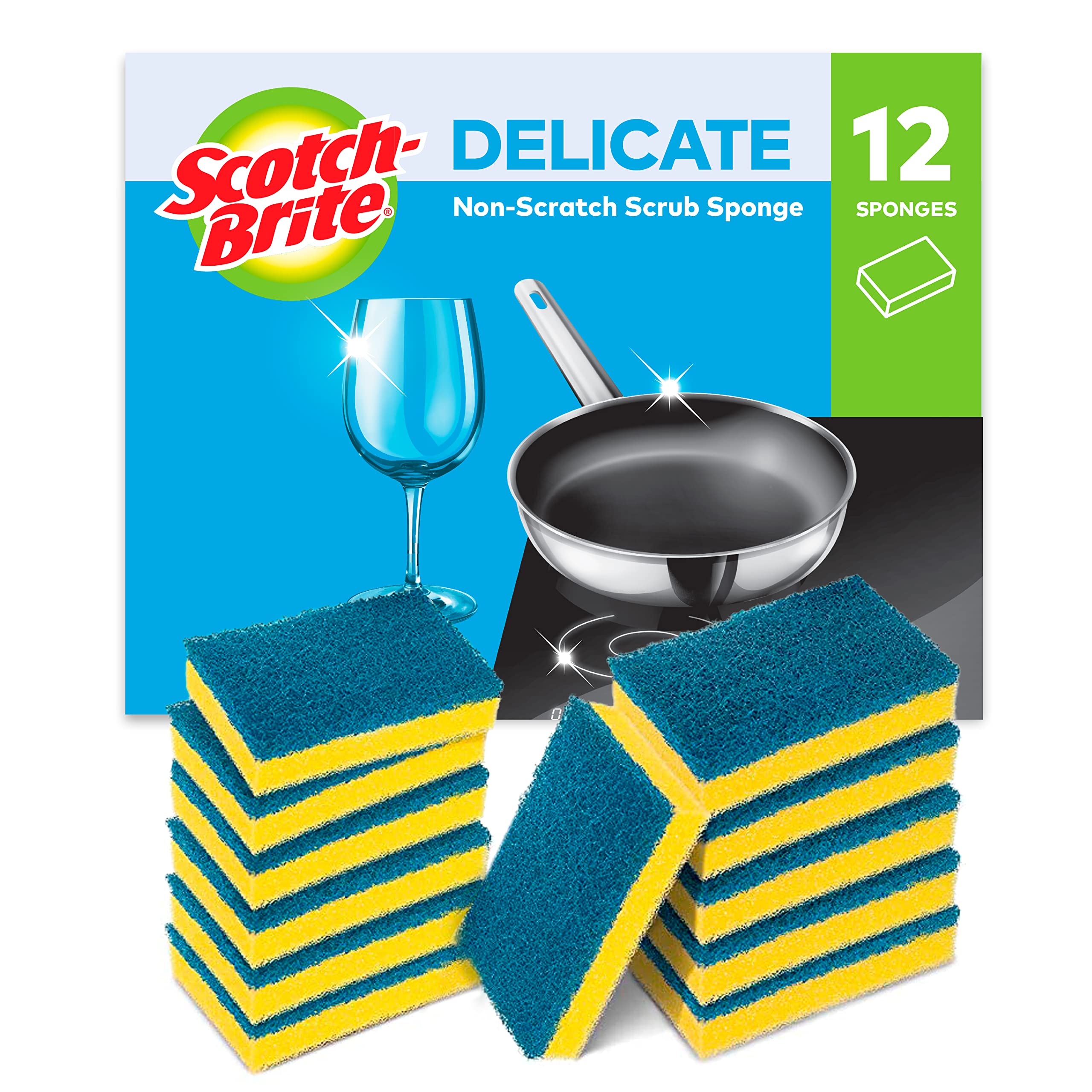 Scotch-Brite Delicate Non-Scratch Scrub Sponge - Protects Cookware & Fingernails | 12 Pack