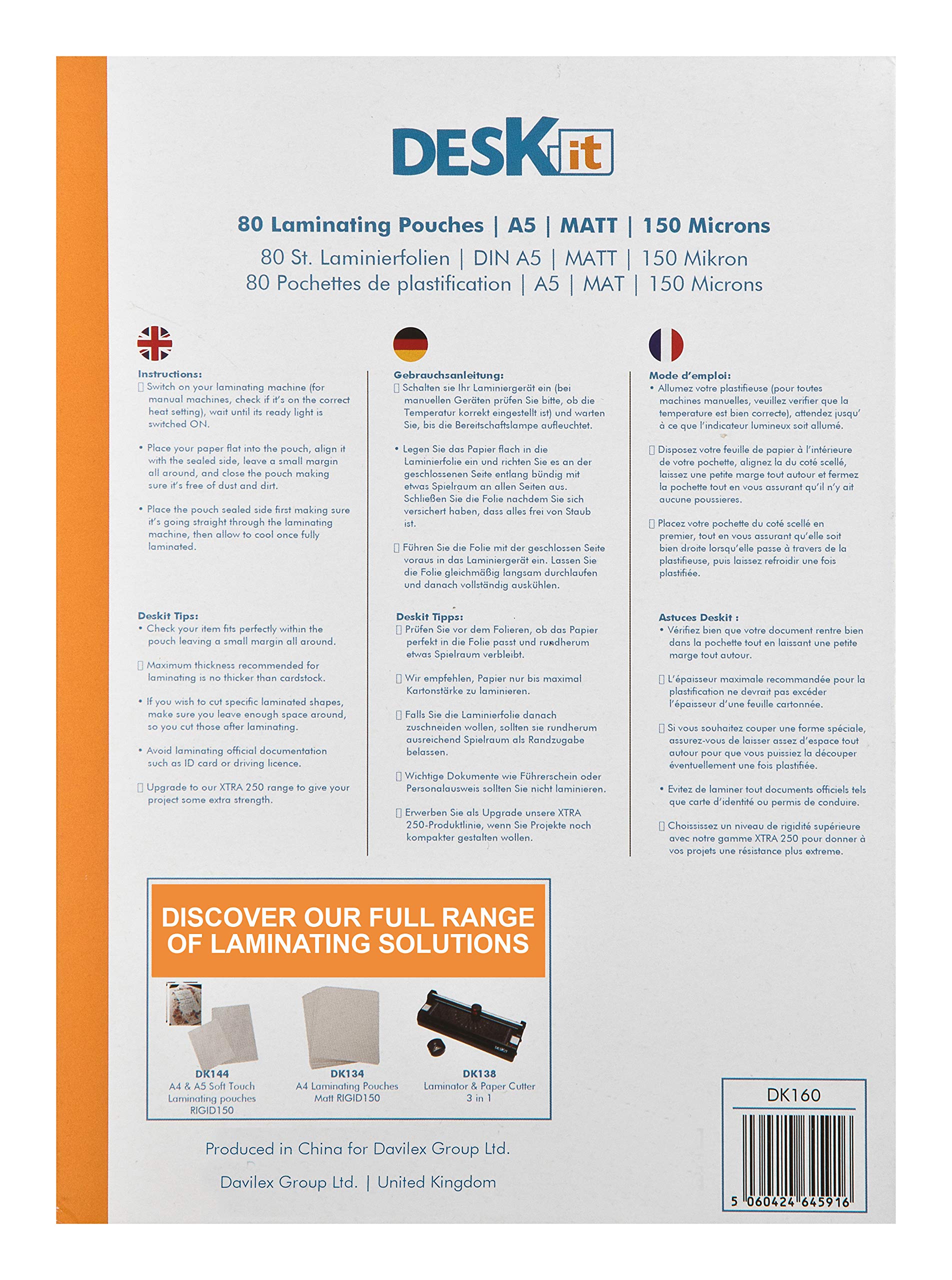 deskit A5 Laminating Pouches - Matt Finish, 150 Microns, 80 Sheets | Everyday Document Protection 5
