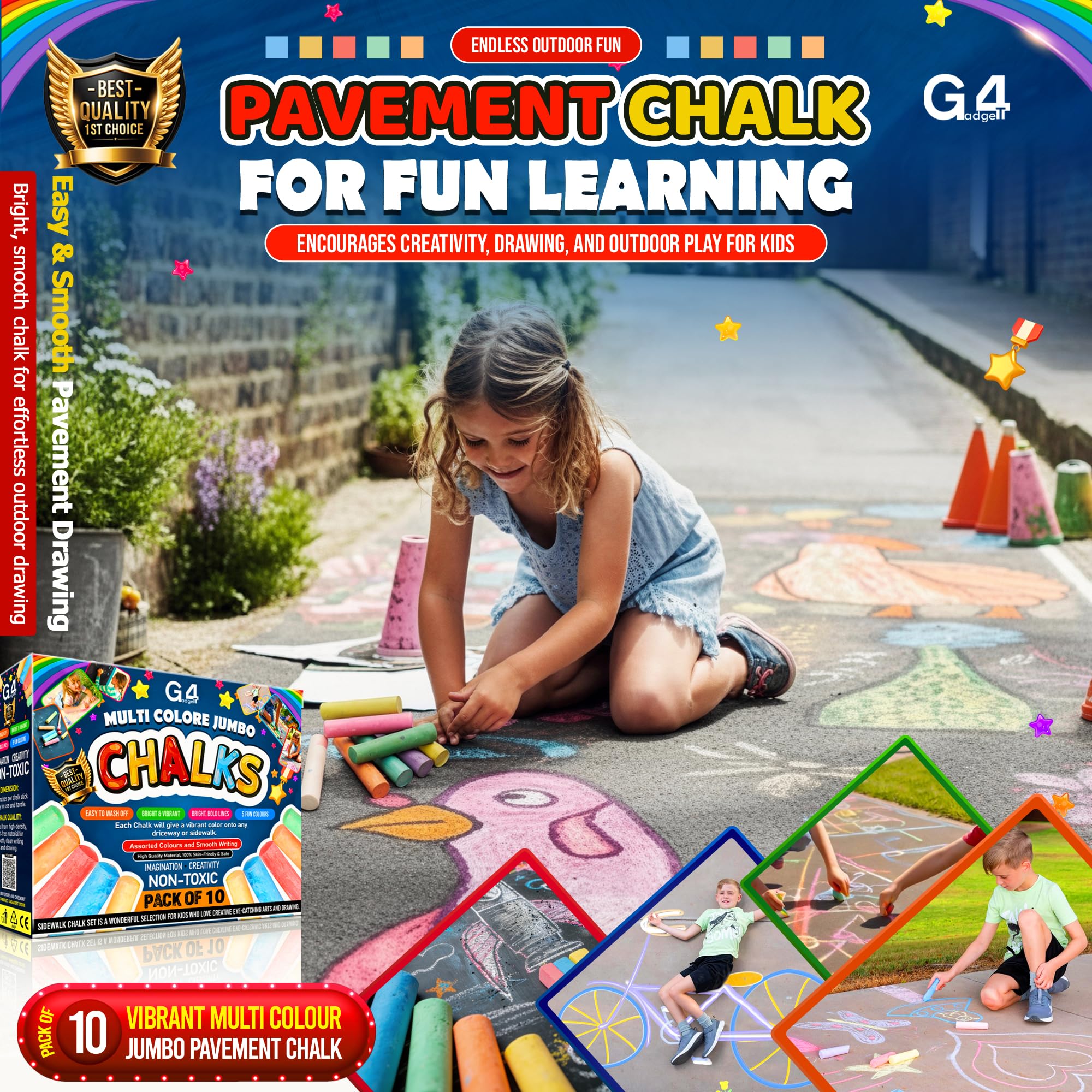 G4GADGET Jumbo Chalks for Kids – 10 Pack Giant Chunky Outdoor Pavement Chalk | Washable & Non-Toxic 6