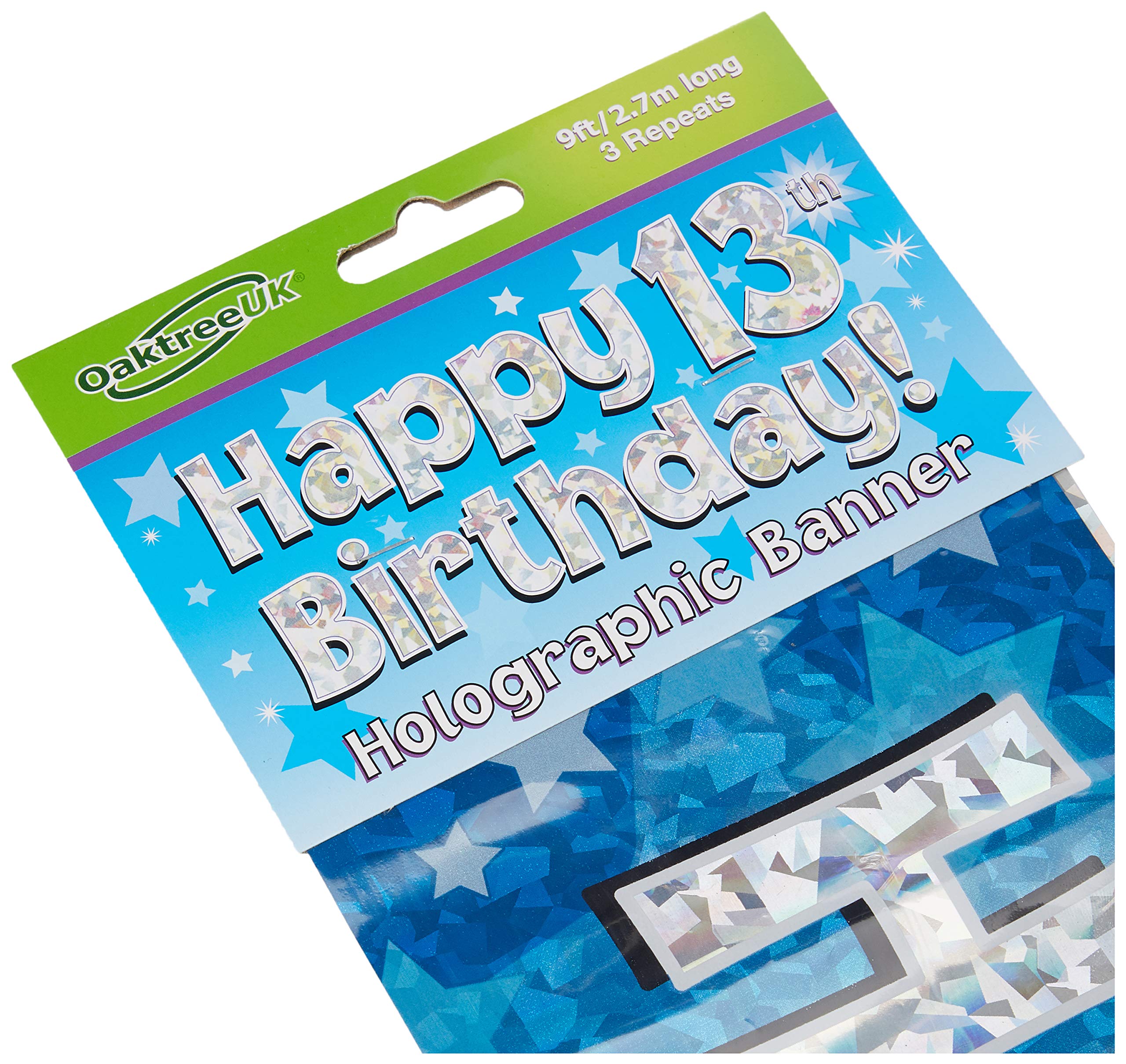 OakTree 13th Sparkling Fizz Birthday Banner - 9ft Blue Holographic | Lightweight 3