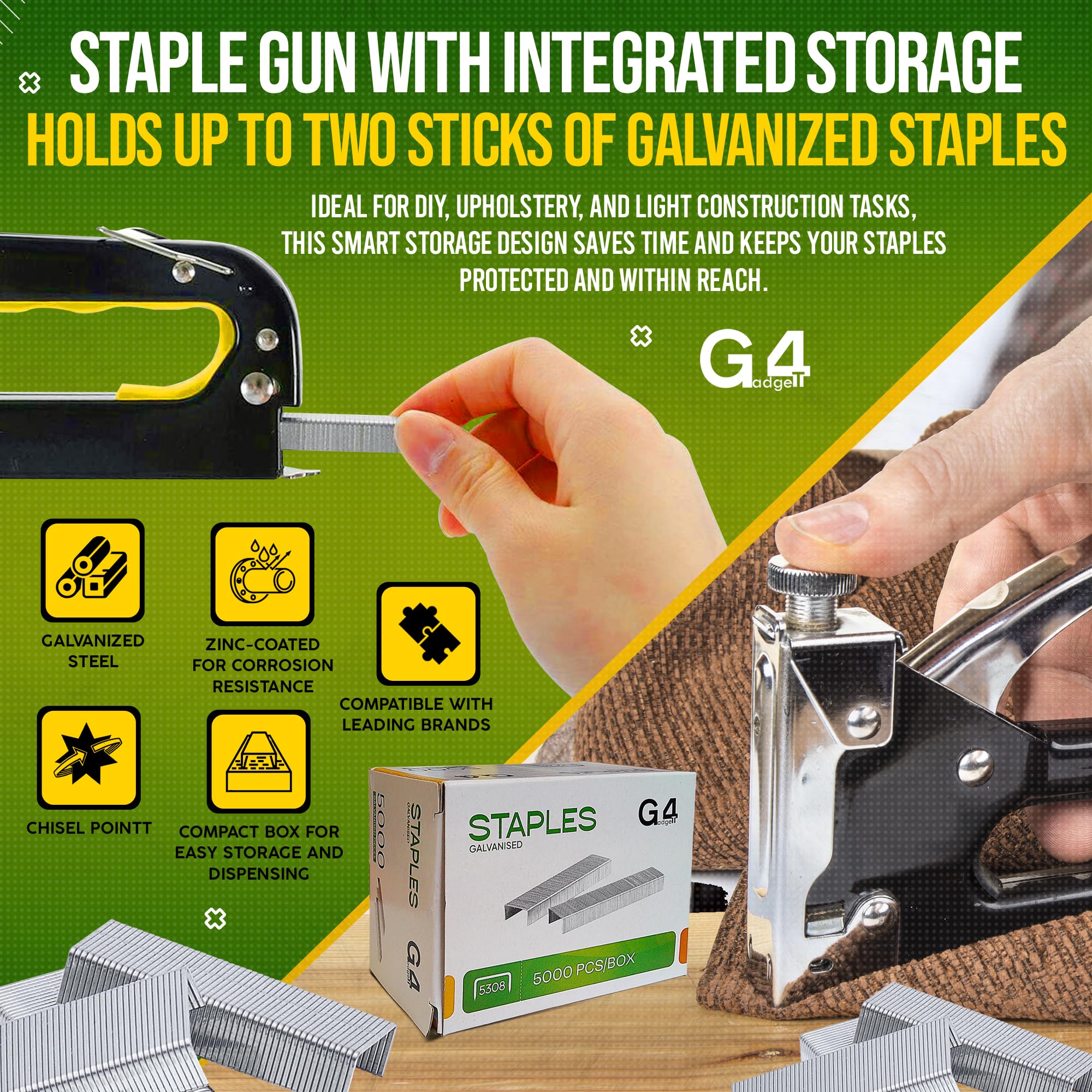 G4GADGET Heavy Duty Staples - 5000 Pack, 53/8mm Size, Stainless Steel | Upholstery & Carpentry 5