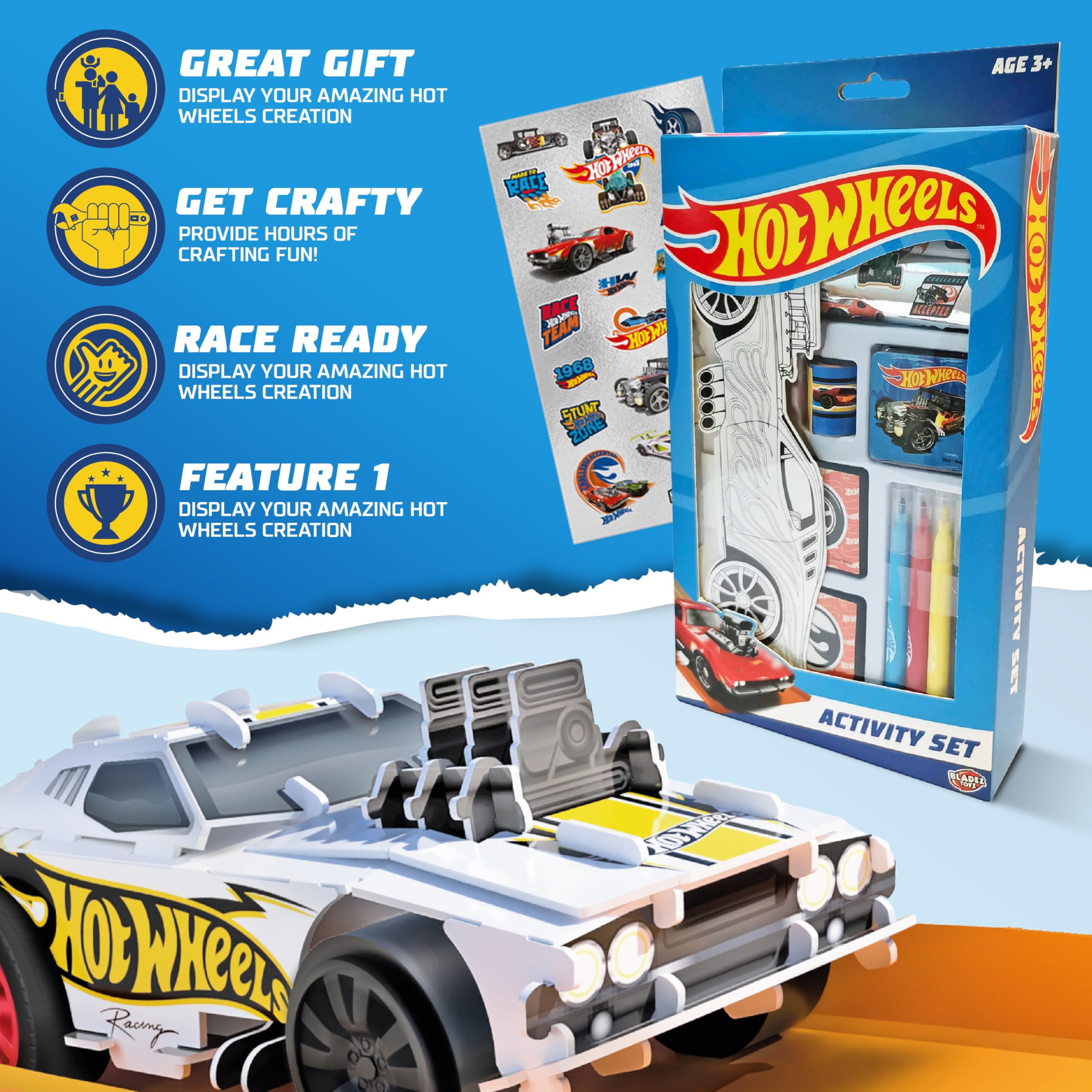BLADEZ Hot Wheels Activity Set - 150+ Pieces Craft Kit | Customizable Racer | Ages 3+ 6