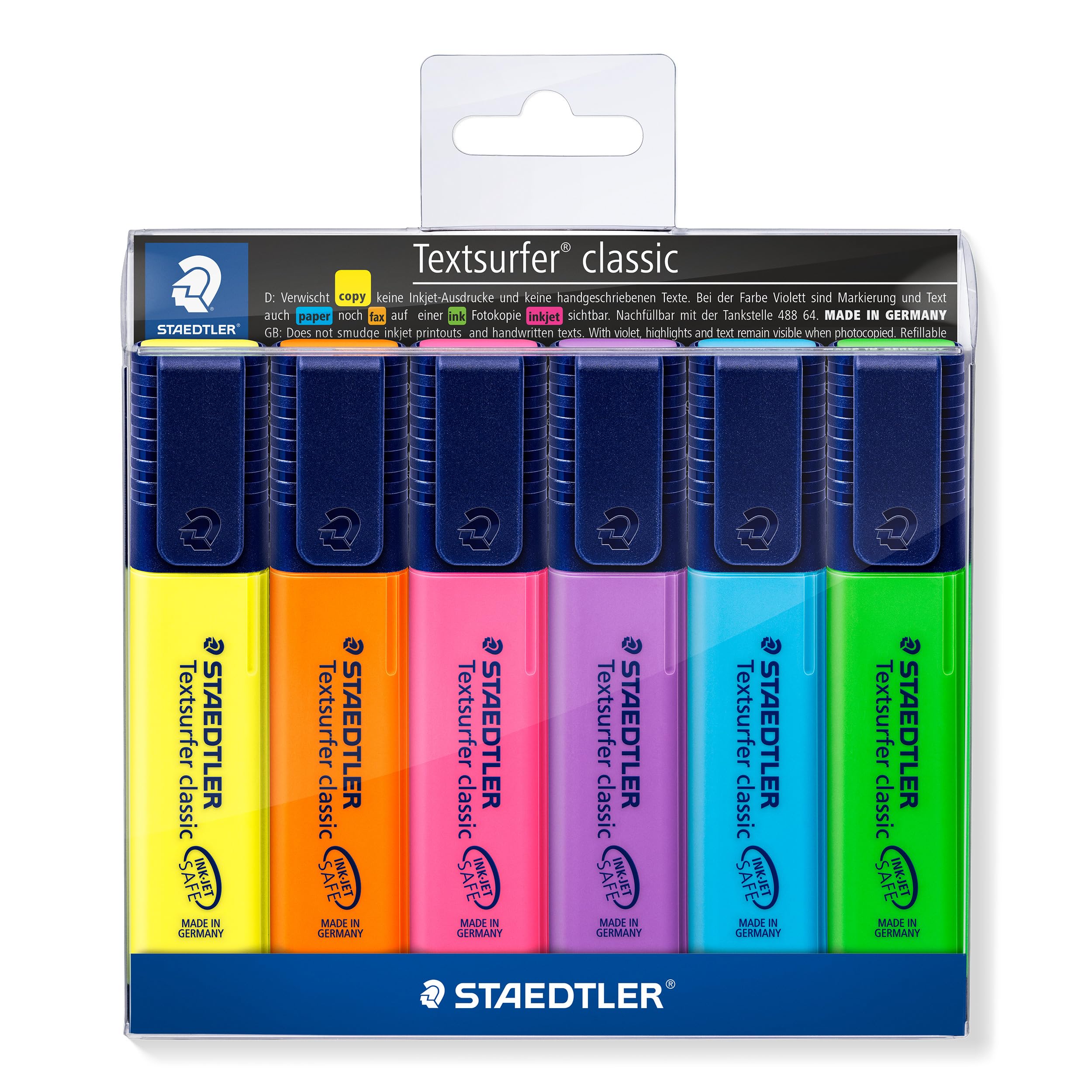 STAEDTLER Textsurfer Classic Highlighter - Assorted Colours (6 Count) | InkJet Safe, Chisel Tip