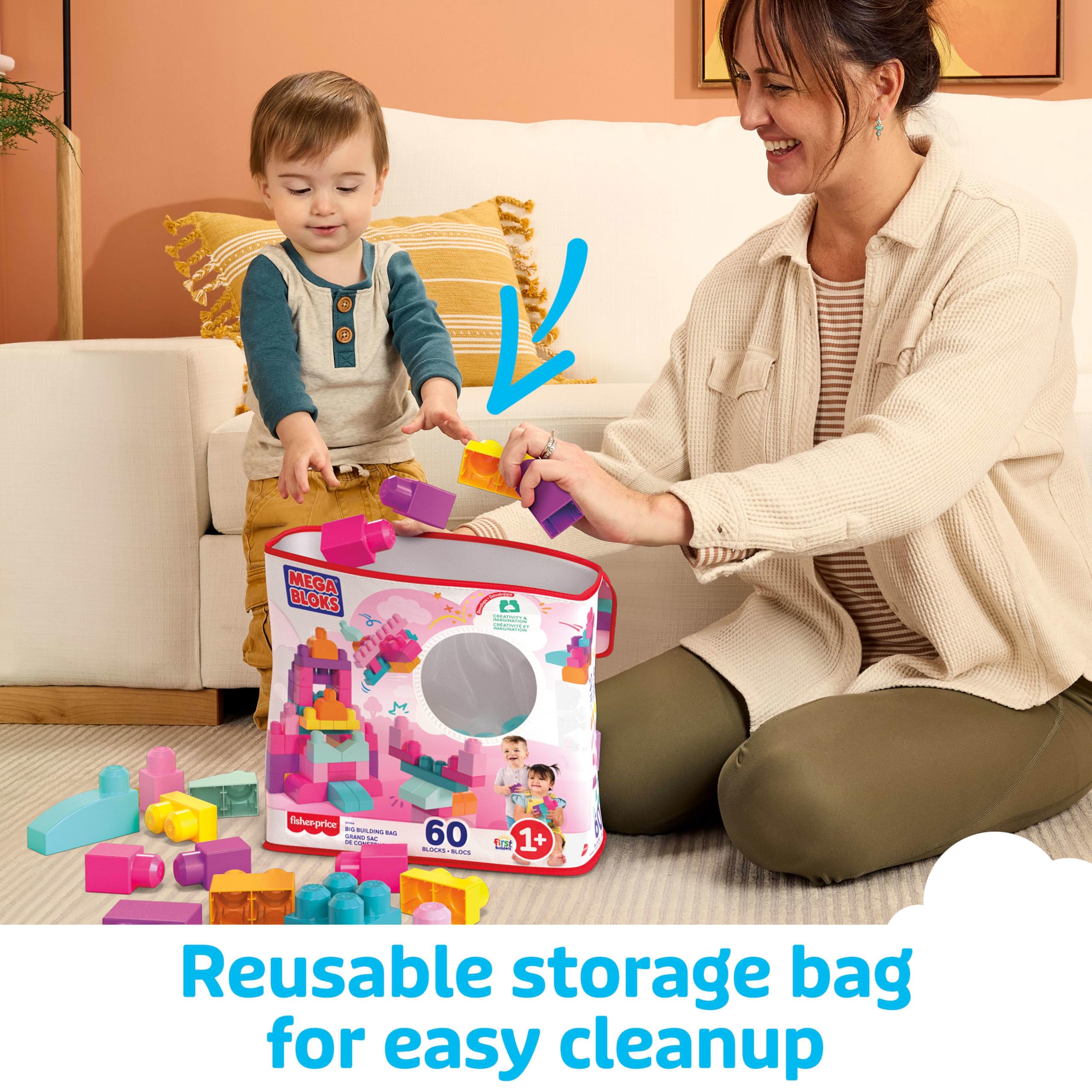Mega Bloks Big Building Bag Building Set with 60 Blocks, Pink | Ages 1+ | DCH54 4