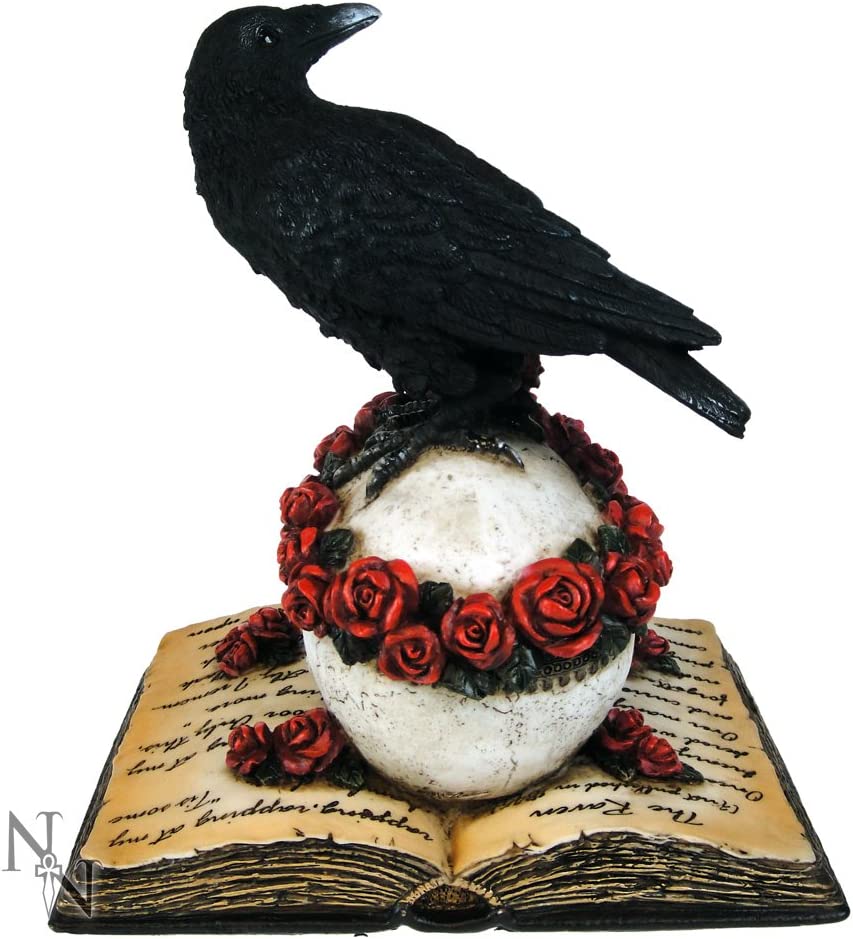 Nemesis Now Heartaches Reflection – Buchfigur mit Rabenschädel aus schwarzem Harz